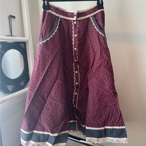 Vintage Gunne Sax Burgundy/Navy/lace Midi Skirt
